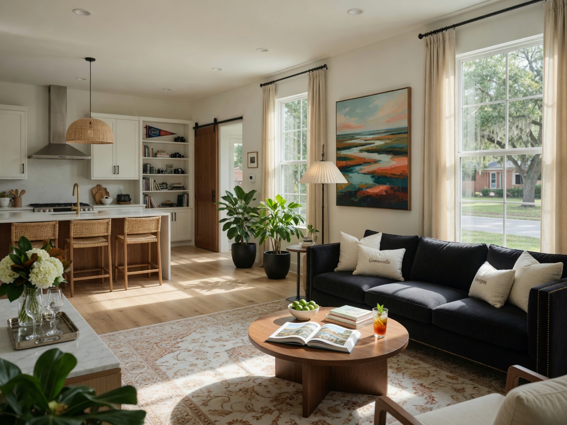 Luxurious Gainesville Airbnb interior with open concept living room, modern furnishings, natural light streaming through large windows, 8K photorealistic detail