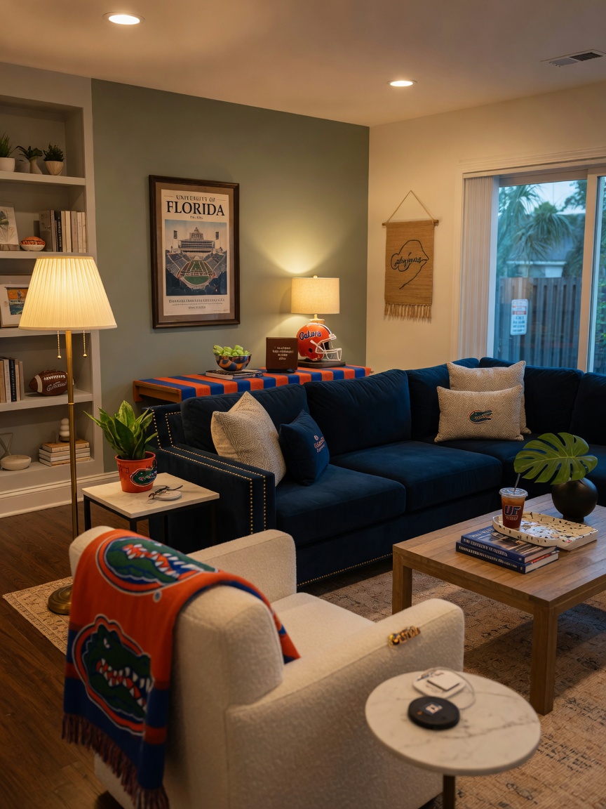 Ultra-realistic 8K photograph of a beautiful furnished short-term rental living room interior in Gainesville with subtle University of Florida touches, warm lighting, and high-end furniture