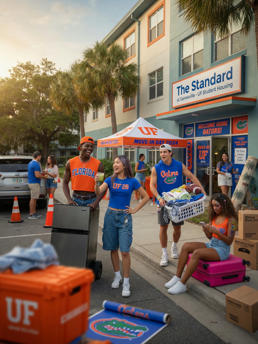 University of Florida students moving into an apartment building in Gainesville during move-in day, energetic atmosphere, photorealistic 8K