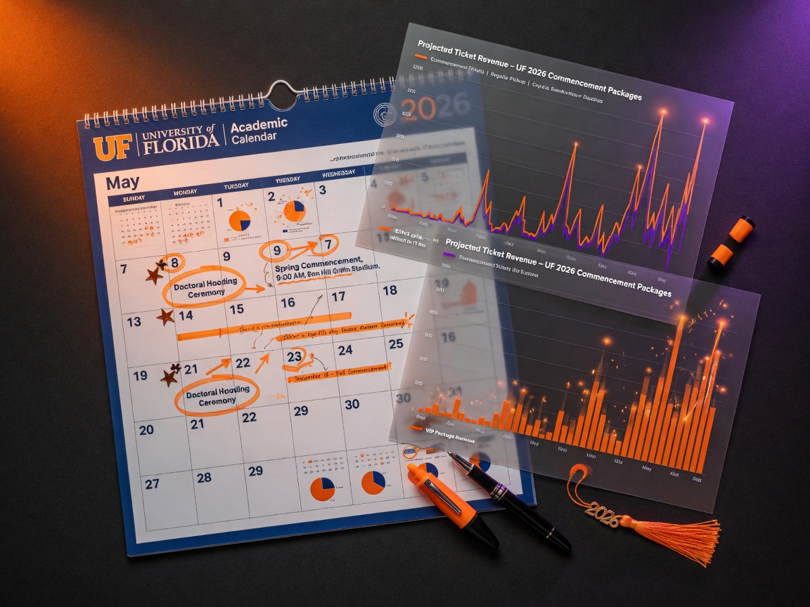 Calendar showing University of Florida 2026 graduation dates highlighted in orange with dynamic pricing graphs showing revenue spikes, clean minimalist design, ultra detailed