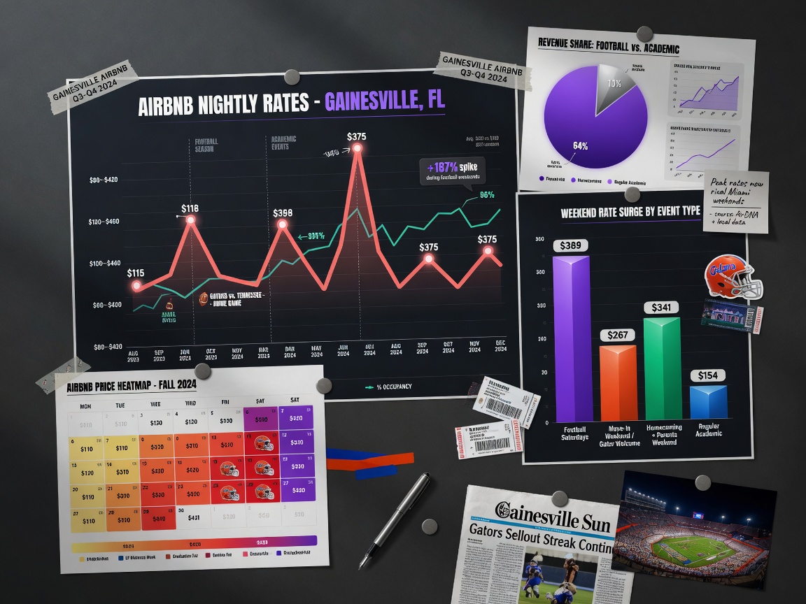 Ultra-realistic 8K image showing price trend graphs and charts for Airbnb rates in Gainesville with peaks during football season and academic events, clean modern data visualization style
