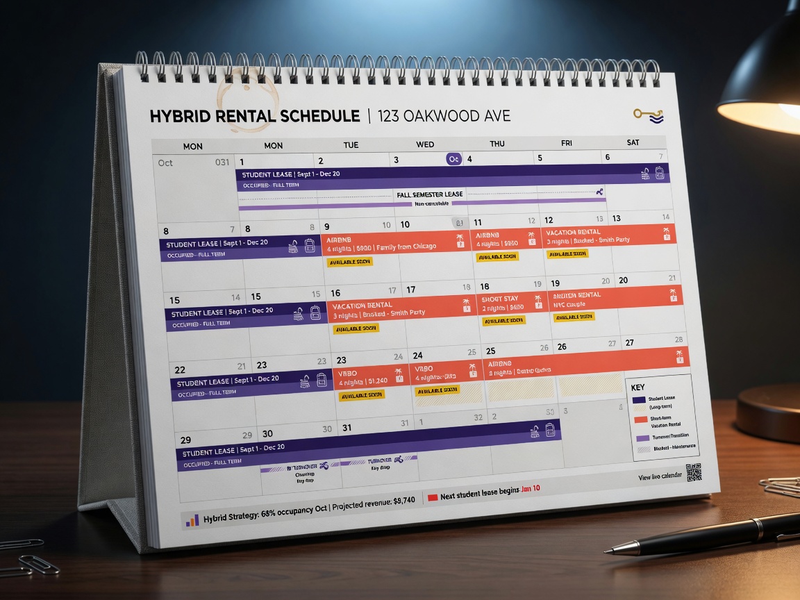 Calendar showing hybrid rental schedule with student lease periods and short-term vacation rental blocks highlighted, professional 8K product photography