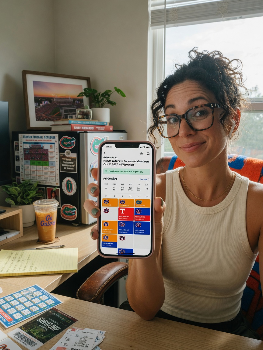 Gainesville Airbnb host adjusting prices on smartphone app while looking at football schedule, relaxed home office setting, natural daylight, photorealistic