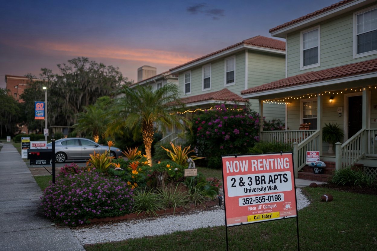Gainesville Florida rental property exterior at dusk with 'Now Renting' sign, beautiful landscaping, near UF campus, ultra-realistic 8K