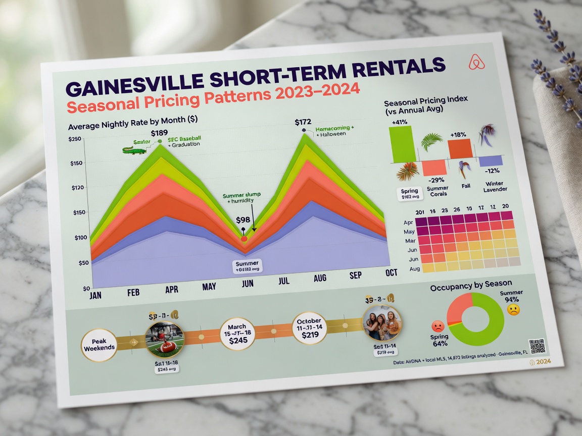 Colorful data visualization infographic showing seasonal pricing patterns for Gainesville short-term rentals, professional design, clean typography, 8K resolution