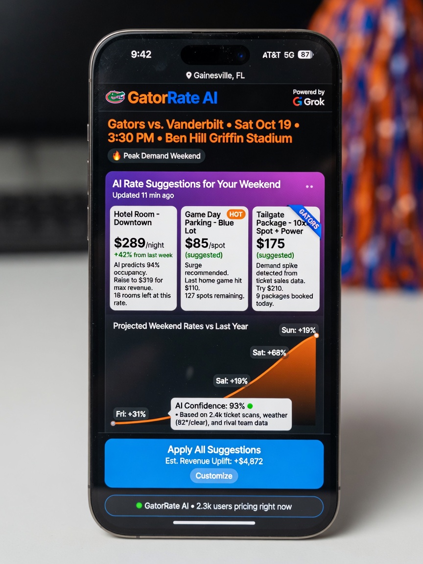 Ultra-realistic 8K close-up of smartphone screen displaying an AI pricing app with rate suggestions for an upcoming Gators home game weekend