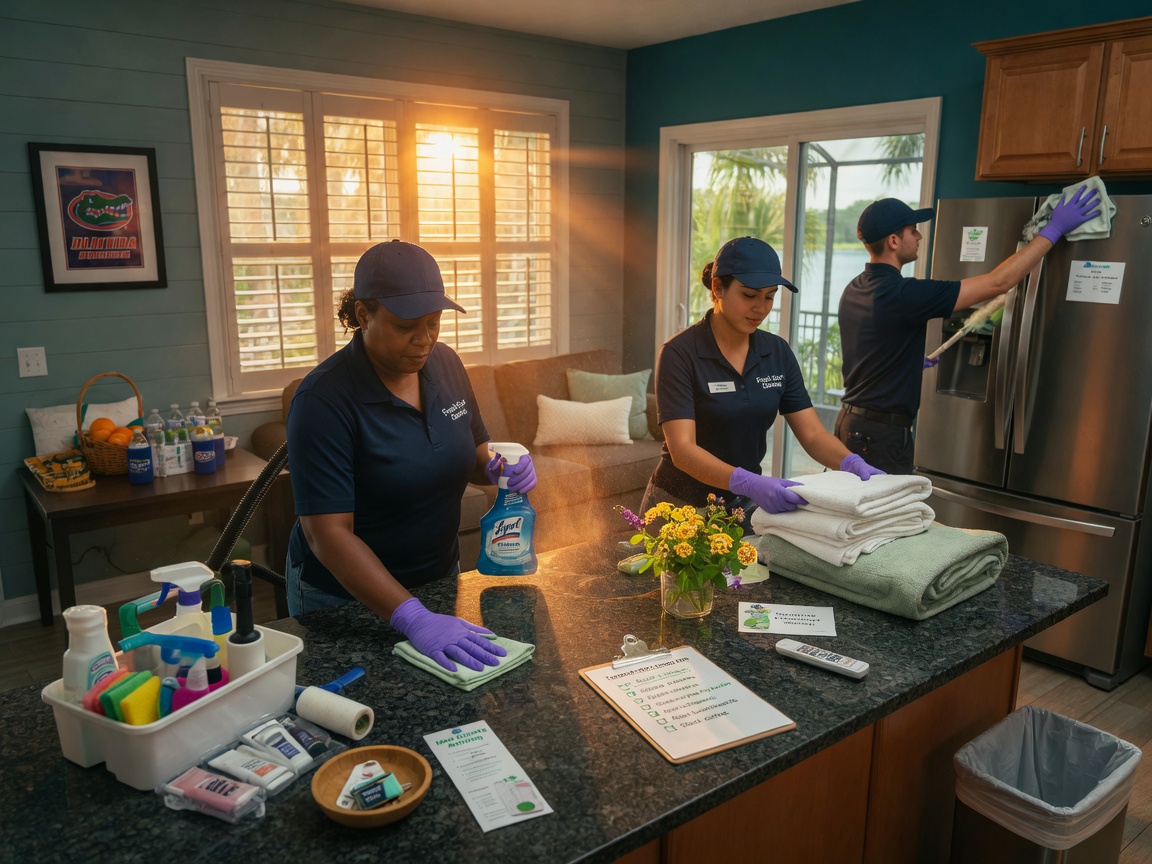 Professional cleaning crew preparing a vacation rental property for new guests in Gainesville, attention to detail, realistic 8K image
