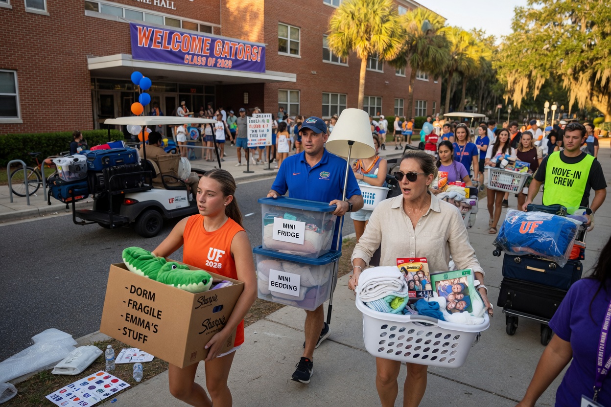 Busy University of Florida move-in day with students and families carrying boxes, realistic candid photography style, warm afternoon lighting