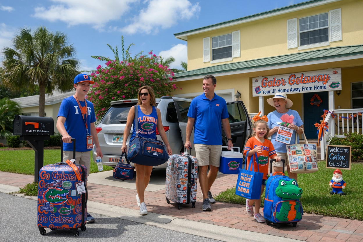 Ultra-realistic 8K image of happy family guests arriving at a Gainesville vacation rental home carrying University of Florida themed luggage on a sunny day