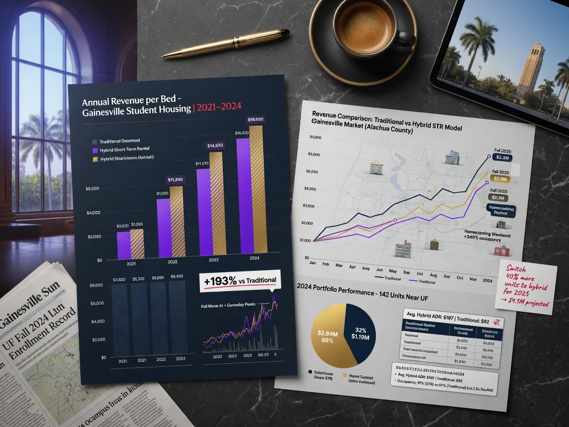 Financial charts and graphs showing revenue comparison between traditional student housing vs hybrid short-term rental model in Gainesville, 8K resolution