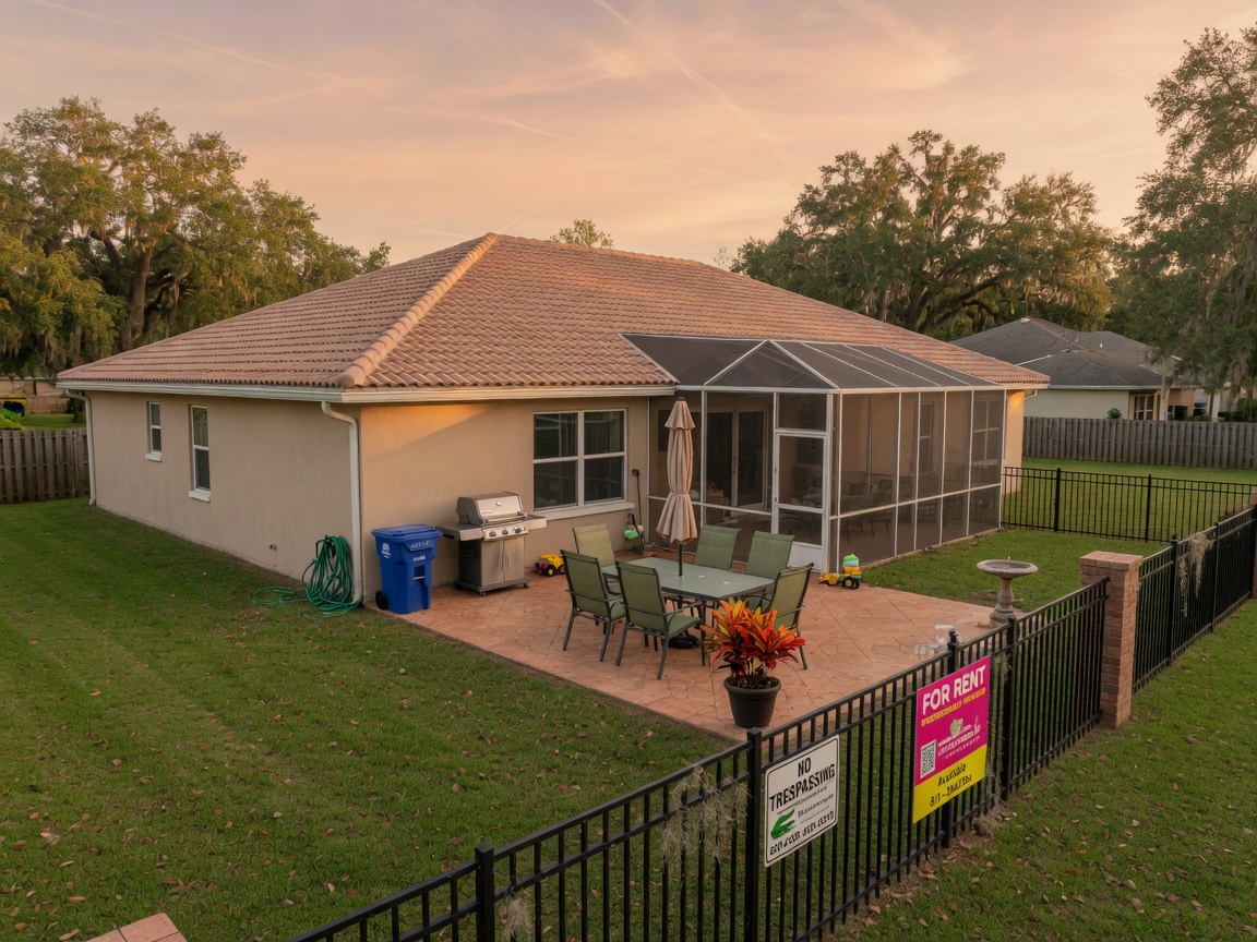Ultra-realistic 8K photograph of a beautiful private single-family home with fenced yard in a quiet Gainesville, Florida neighborhood during golden hour, showing spacious backyard with patio furniture, professional property management context, cinematic lighting