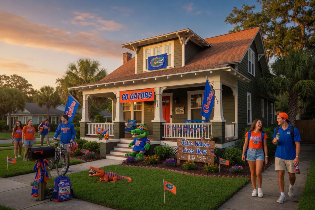Ultra-realistic 8K photograph of a beautiful two-story craftsman house with Gators-themed decorations near University of Florida campus in Gainesville during golden hour, meticulously maintained lawn, students walking nearby, warm inviting atmosphere