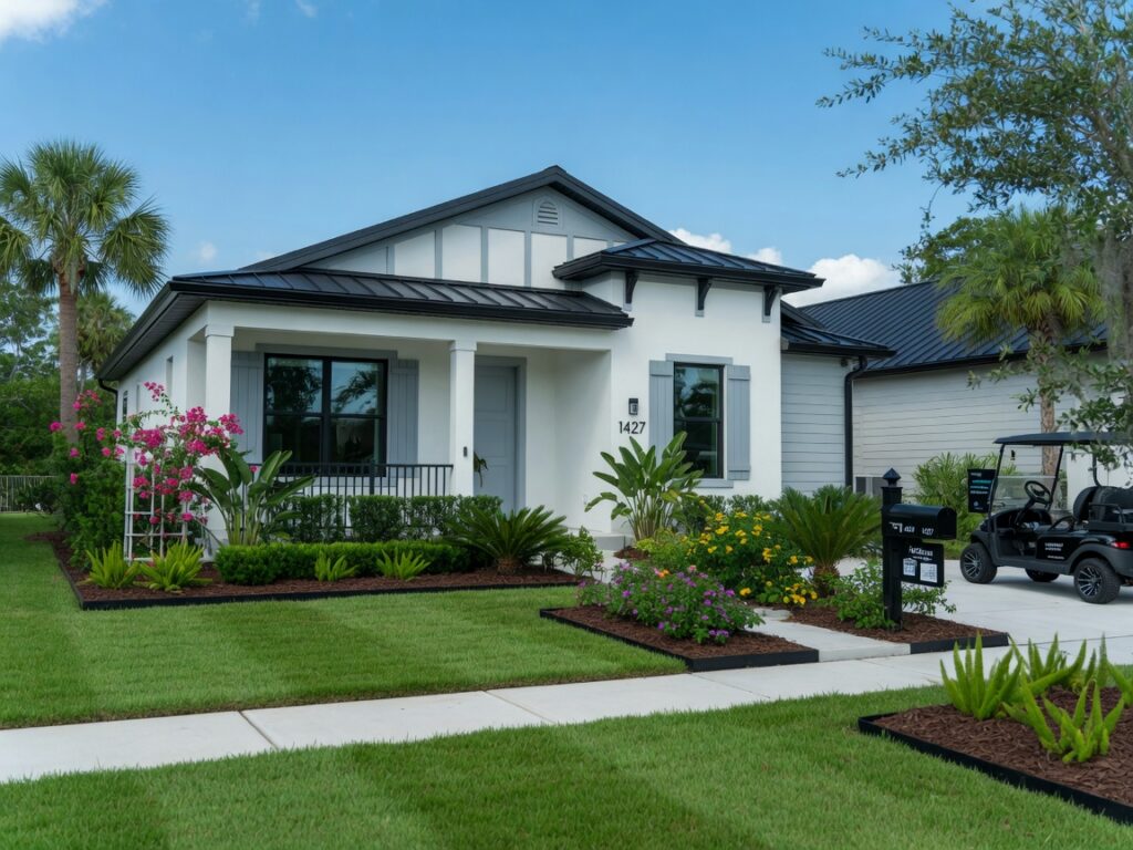 Ultra-realistic 8K photo of a modern Gainesville Florida short-term rental home with pristine landscaping and fresh exterior paint under bright blue skies, professional property management photography, sharp detail, natural lighting