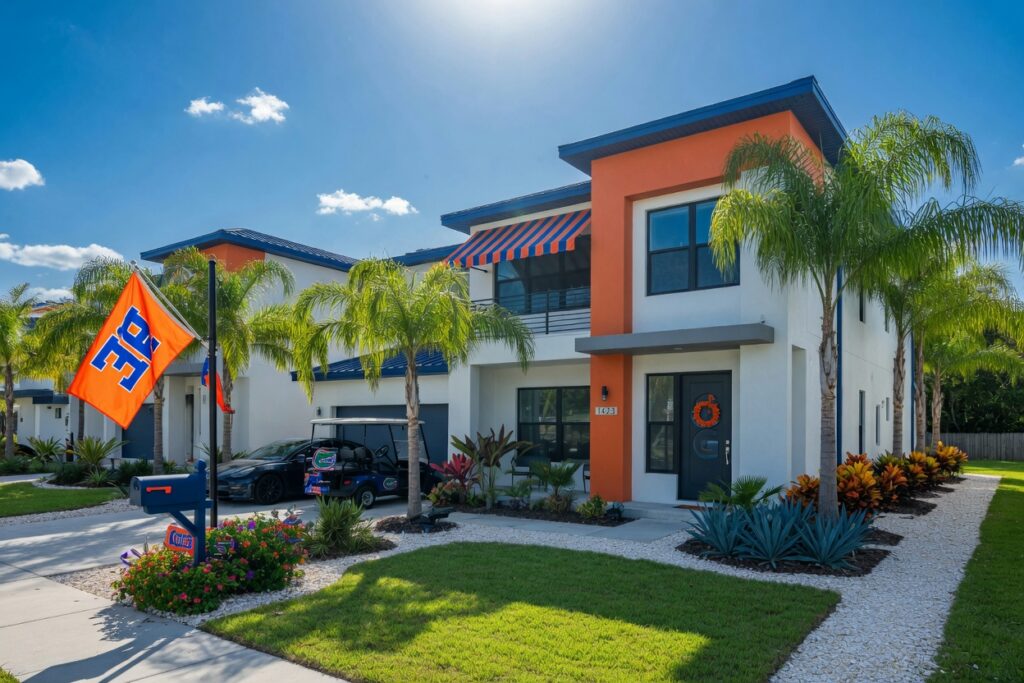 Ultra-realistic 8K photo of modern Gainesville Florida short-term rental home exterior on a sunny day with palm trees and University of Florida colors, professional real estate photography style