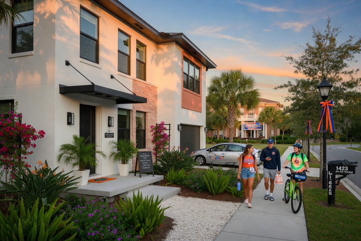 Ultra-realistic 8K photograph of a beautiful modern short-term rental home exterior in Gainesville Florida near University of Florida campus during golden hour with students walking nearby, lush landscaping, clear blue sky, highly detailed architectural photography