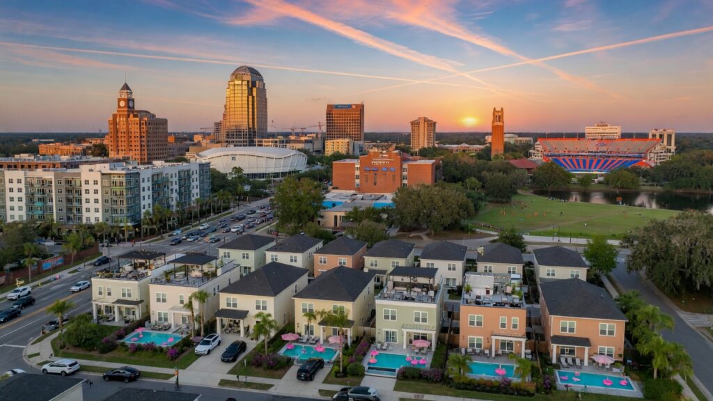 Ultra-realistic 8K aerial photograph of downtown Gainesville Florida skyline at golden hour with University of Florida campus visible in distance, luxury short-term rental homes in foreground, vibrant blue sky, professional real estate photography style