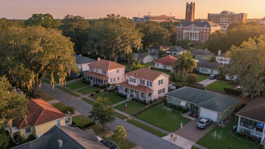 Ultra realistic 8K aerial photograph of beautiful single family homes near University of Florida campus in Gainesville Florida during golden hour with Spanish moss on oak trees