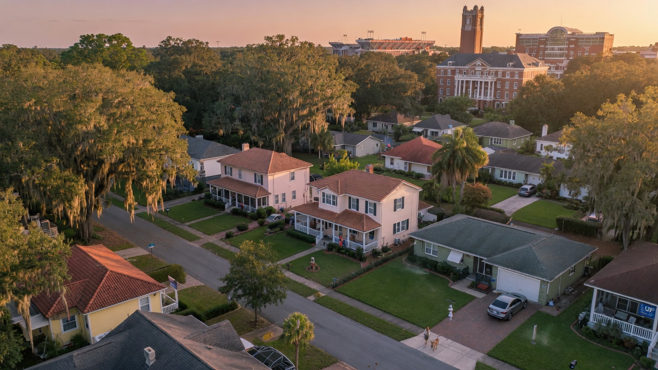 Ultra realistic 8K aerial photograph of beautiful single family homes near University of Florida campus in Gainesville Florida during golden hour with Spanish moss on oak trees