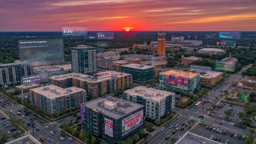 Ultra-realistic 8K aerial view of downtown Gainesville Florida at sunset with University of Florida campus visible in distance, modern apartment buildings with 'For Rent' signs, data visualization overlays showing pricing algorithms, cinematic lighting, highly detailed