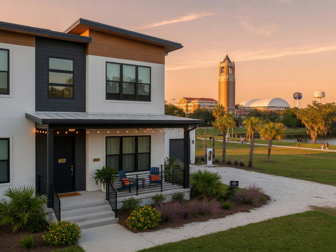 Ultra-realistic 8K photograph of a beautiful modern Airbnb property in Gainesville Florida with University of Florida campus visible in background during golden hour, professional real estate photography style, sharp details, natural lighting