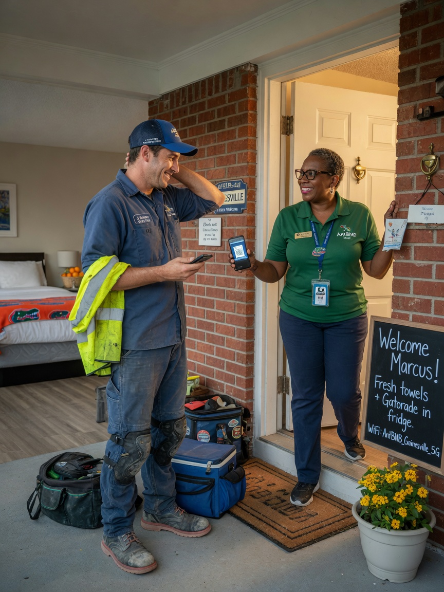 Ultra-realistic 8K photograph of a blue-collar professional checking into a well-managed AntBNB short-term rental property in Gainesville, friendly host greeting at door, warm welcome scene