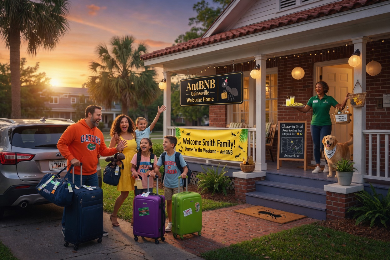 Cinematic 8K photo of happy family guests arriving at AntBNB short term rental home in Gainesville with warm welcome and luggage