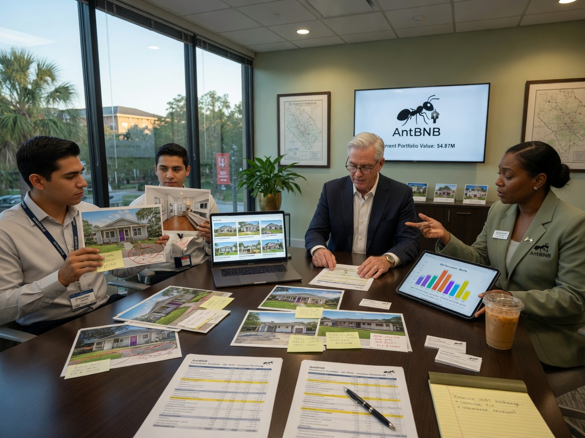Ultra-realistic 8K photograph of AntBNB property management team meeting with real estate investor in upscale Gainesville office, reviewing financial reports and property photos