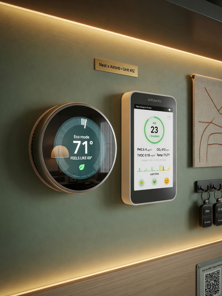 Ultra-realistic 8K image of smart thermostat and indoor air quality monitor displaying data on a wall in a contemporary short-term rental property, soft ambient lighting