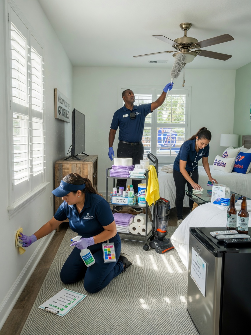 Professional cleaning crew preparing short-term rental property in Gainesville between guests, attention to detail, bright and clean atmosphere