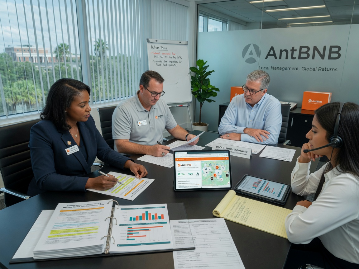Professional 8K photograph of AntBNB property management team meeting with local Gainesville real estate investor, discussing compliance documents and revenue reports in modern office setting