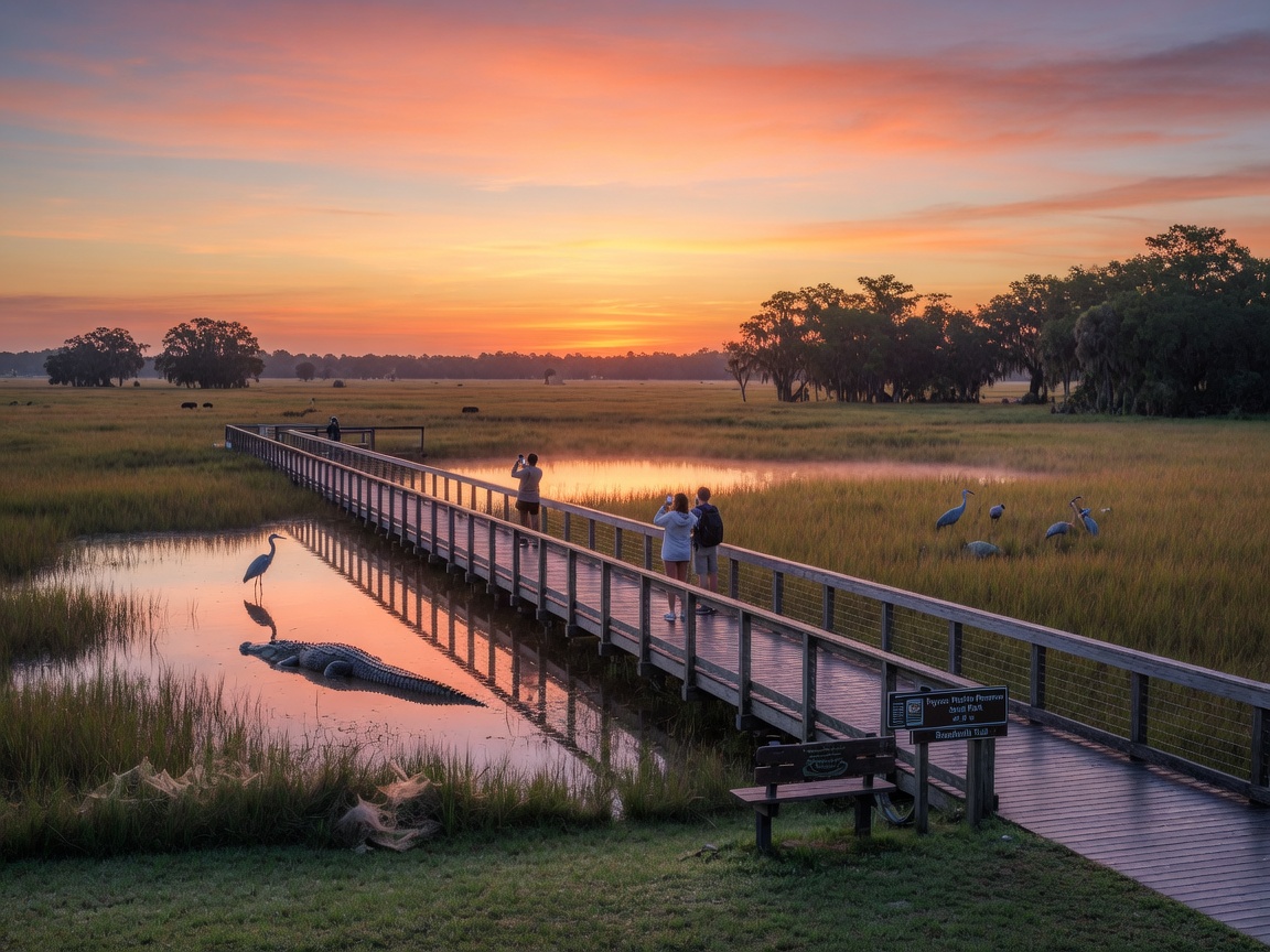 Gainesville Florida Paynes Prairie State Park landscape at sunrise with boardwalks and wildlife, illustrating local tourism attractions that drive short-term rental demand