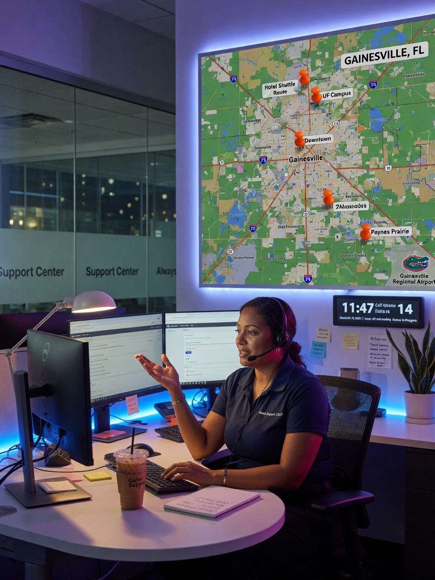 24/7 guest support team member answering calls in modern office with Gainesville Florida map on wall, realistic 8K image