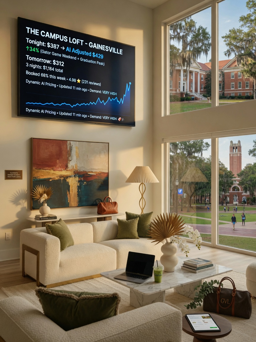 Luxurious Gainesville short-term rental interior with large windows overlooking campus, digital pricing display on wall showing AI-adjusted rates, elegant modern decor, warm afternoon light, ultra-realistic 8K
