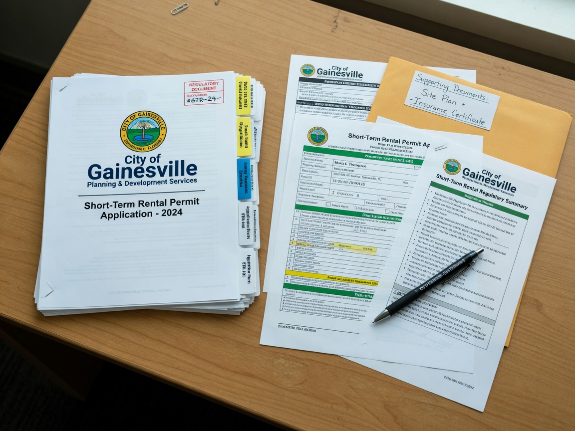 City of Gainesville Florida regulatory documents and short term rental permit application forms arranged neatly on wooden desk with pen, official and professional style, photorealistic
