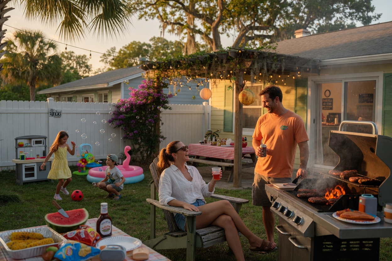 Ultra-realistic 8K image of a family enjoying a private backyard barbecue at a Gainesville vacation rental, children playing safely in fenced yard, parents relaxing, golden hour lighting