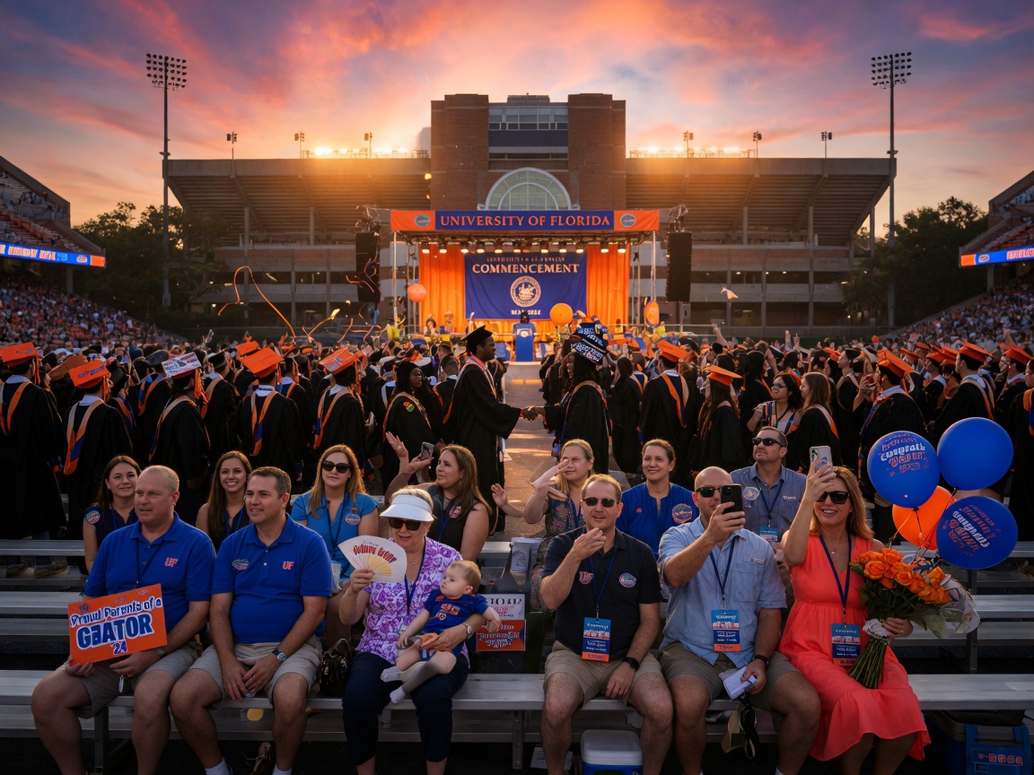 Ultra-realistic 8K image of University of Florida graduation ceremony with crowds of families who would need short term rentals in Gainesville