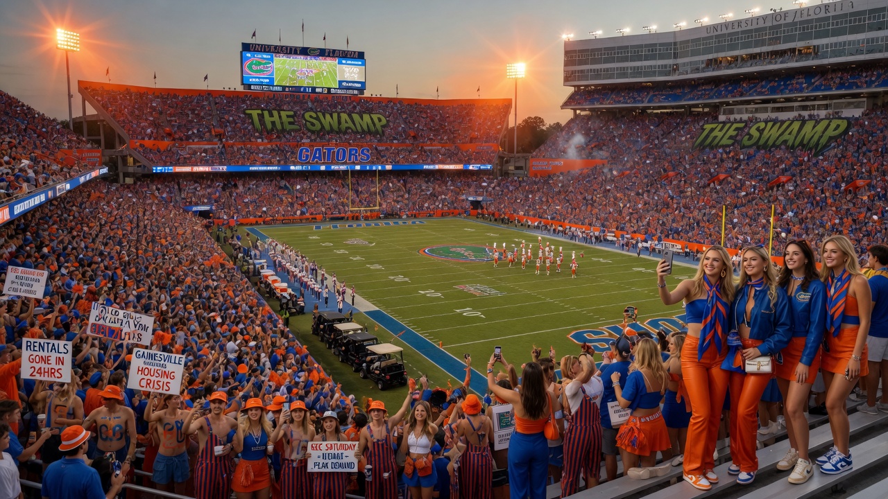 Ultra-realistic 8K image of Ben Hill Griffin Stadium at University of Florida on game day with packed stands, perfect for illustrating peak rental demand in Gainesville