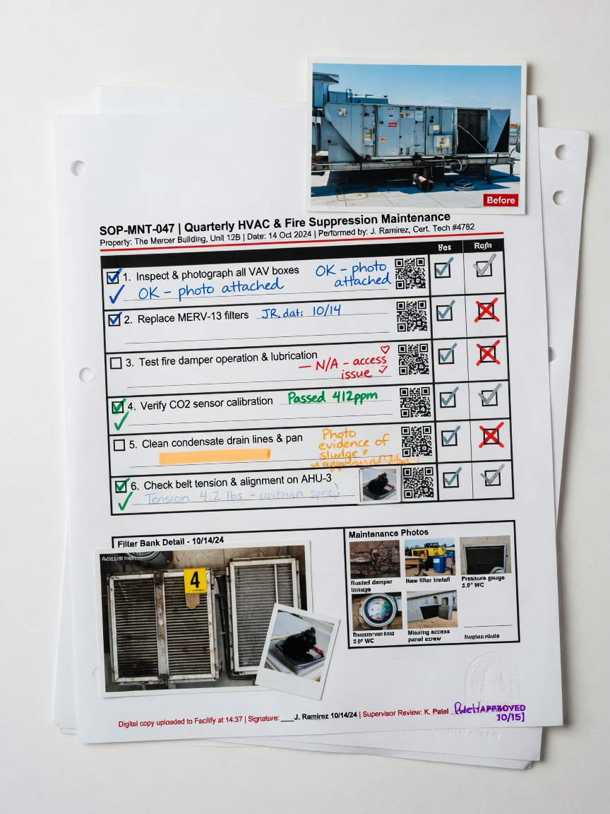 Ultra-realistic 8K close-up of a detailed maintenance SOP checklist document with checkboxes and property photos, professional documentation, clean white background