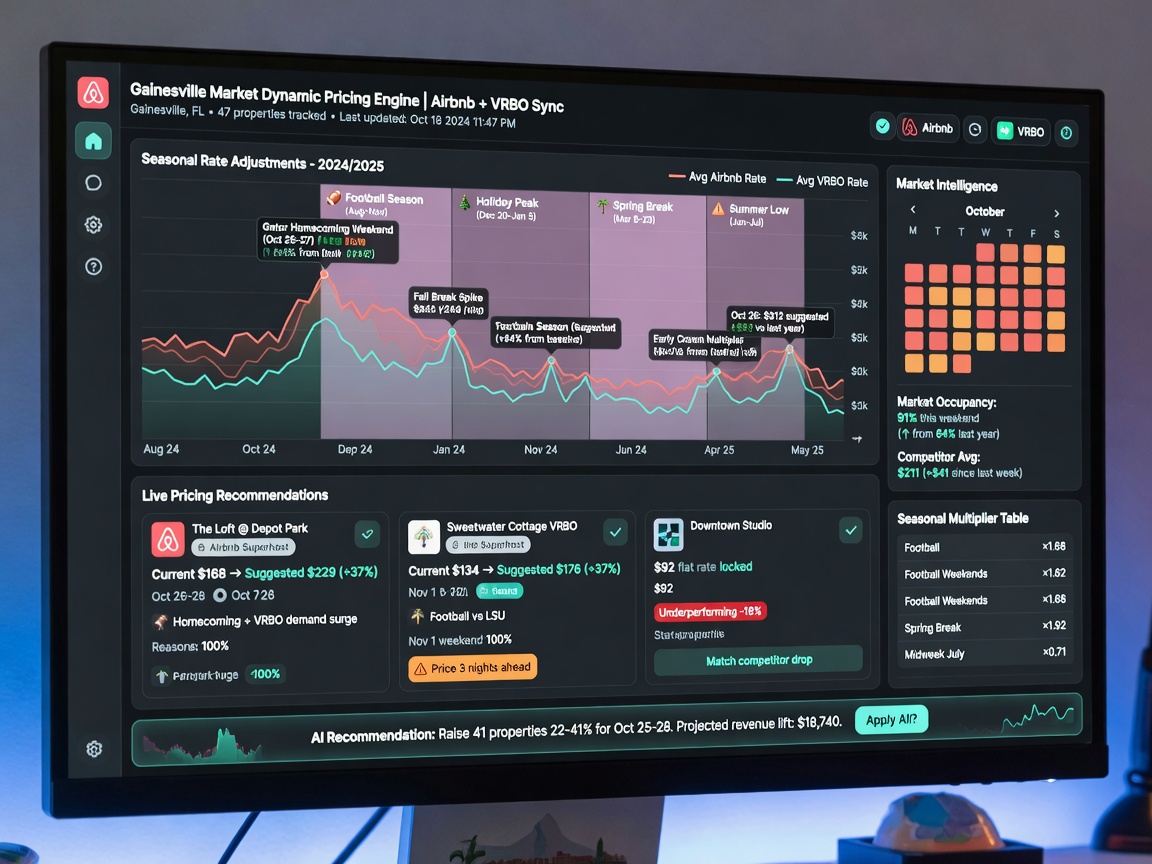 Dynamic pricing strategy dashboard for Airbnb and VRBO properties in Gainesville market showing seasonal rate adjustments, realistic software interface