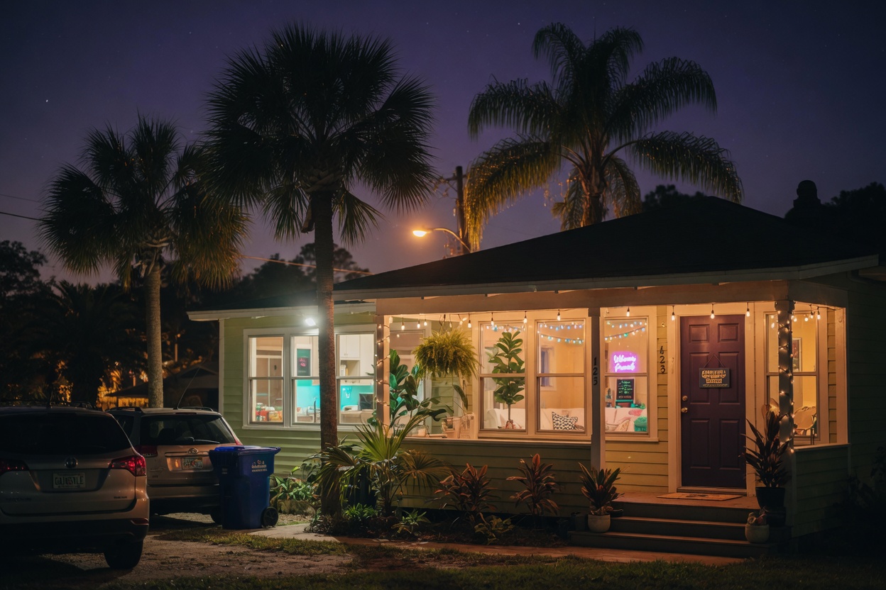 Cinematic ultra-detailed 8K night image of a cozy, well-lit short-term rental home in Gainesville Florida with warm interior lights glowing, palm trees silhouetted against night sky