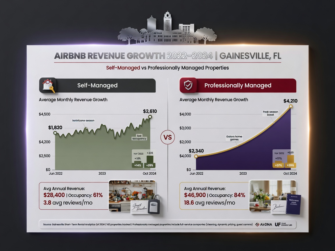 Side-by-side comparison infographic showing revenue growth charts between self-managed vs professionally managed Airbnb properties in Gainesville, clean professional design