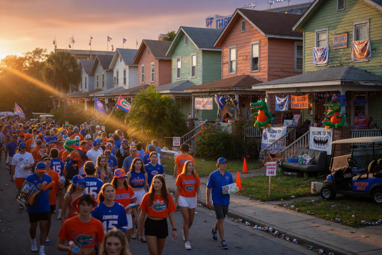 University of Florida football game day crowd walking toward rental homes in University Terrace neighborhood, vibrant realistic 8K scene