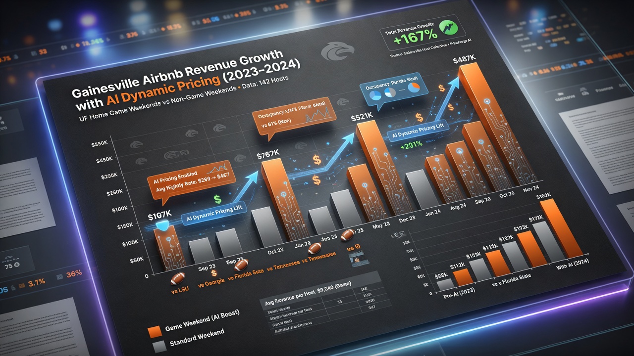 Data visualization of revenue growth for Gainesville Airbnb hosts using AI dynamic pricing, 3D bar graphs rising dramatically during UF home game weekends, professional financial report aesthetic, 8K resolution