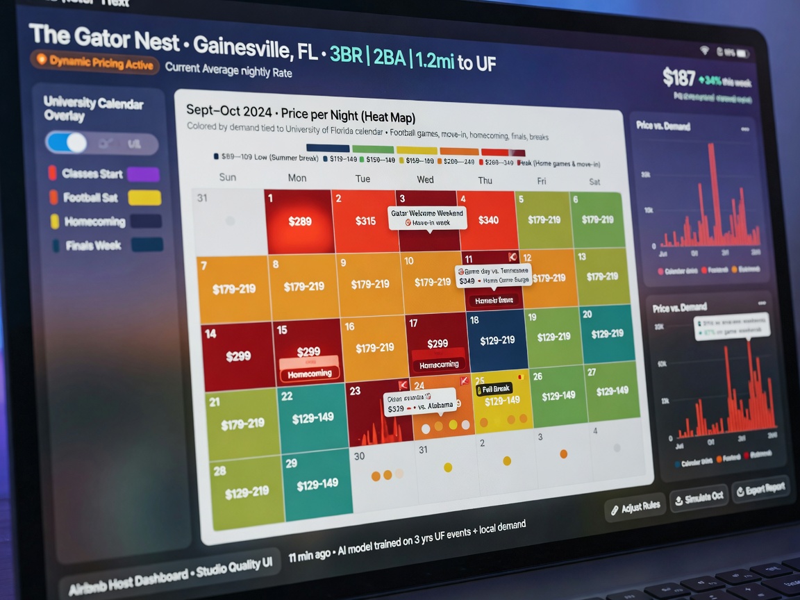 Dynamic pricing strategy visualization showing calendar heat map for Airbnb property in Gainesville with price fluctuations based on University calendar, digital interface, 8K detail
