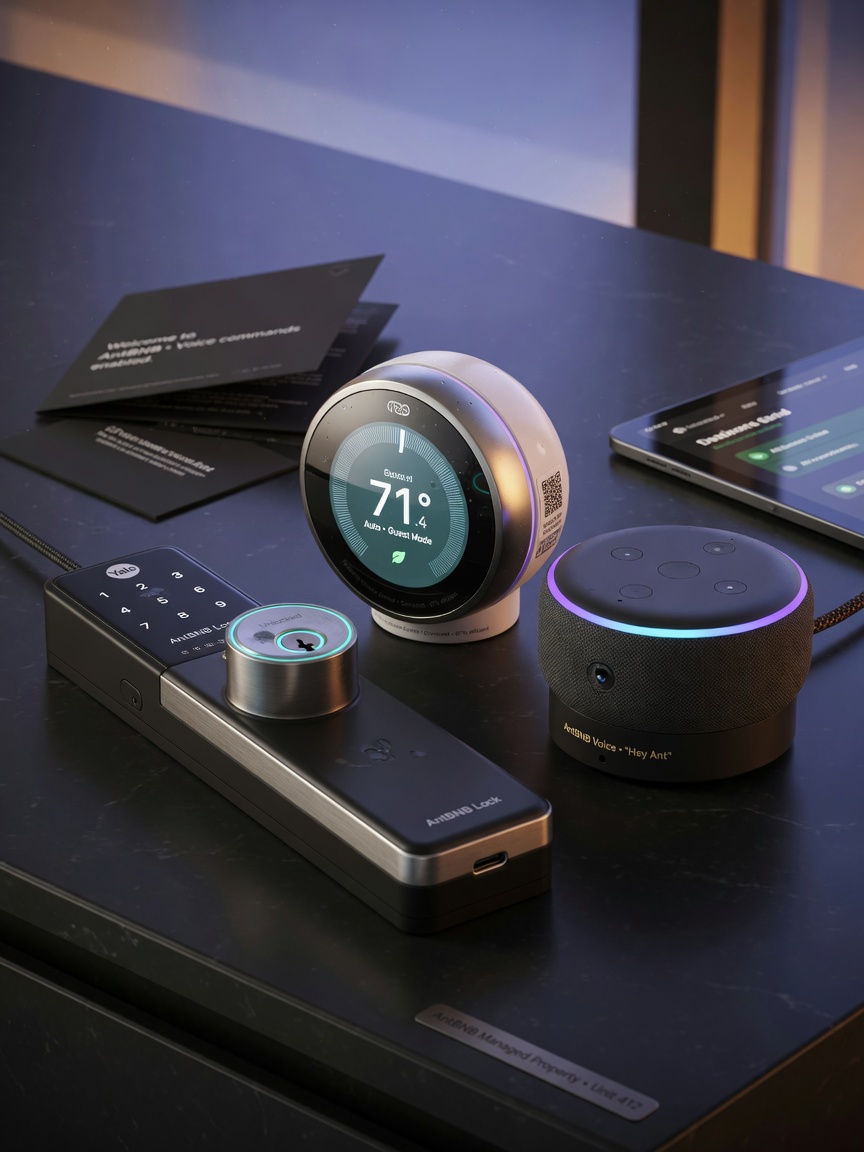 Ultra-realistic 8K close-up of high-quality smart home technology devices used in AntBNB managed properties including smart lock, thermostat, and voice assistant, sleek modern design