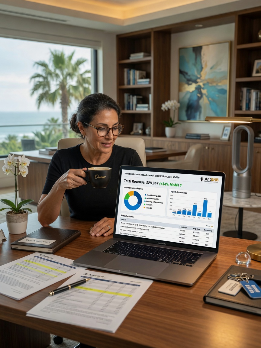 8K detailed photograph of property owner reviewing detailed monthly revenue report from AntBNB property management on laptop in luxury home office