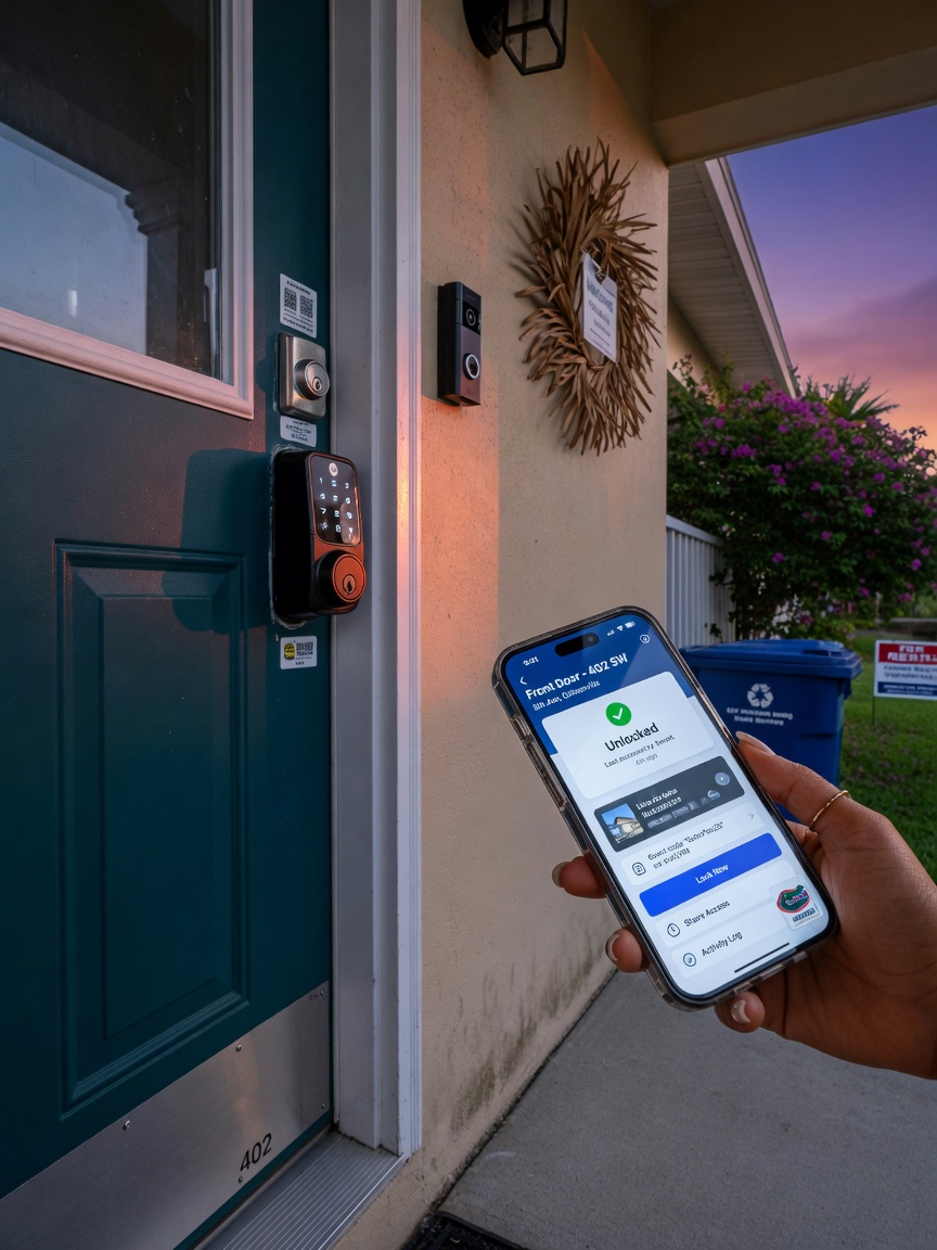 Ultra-realistic 8K photograph of secure smart lock installation on modern Gainesville rental home front door, with phone showing access control app
