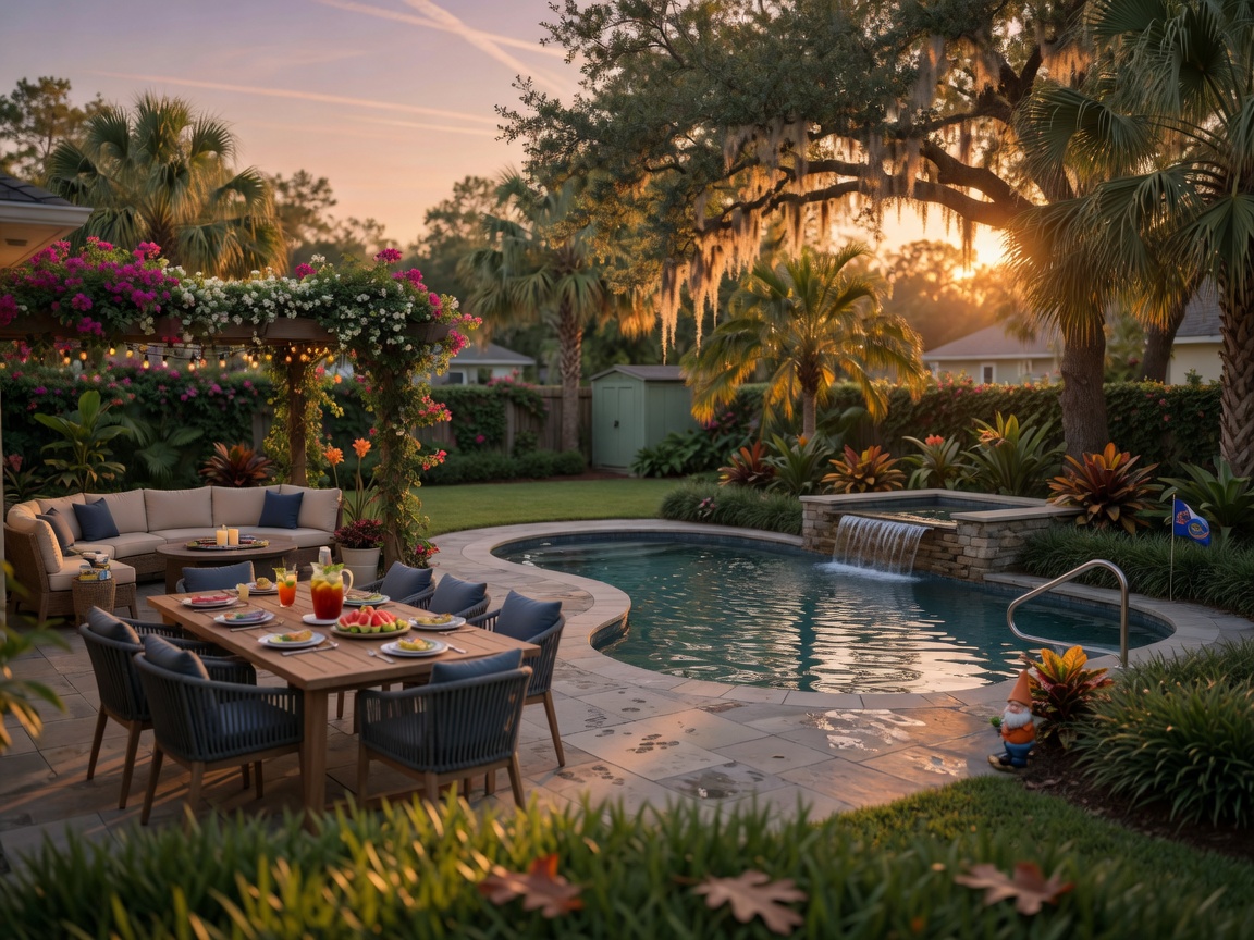 Ultra-realistic 8K photo of a lush Gainesville backyard with professionally maintained landscaping, swimming pool, and outdoor furniture ready for guests, golden hour lighting