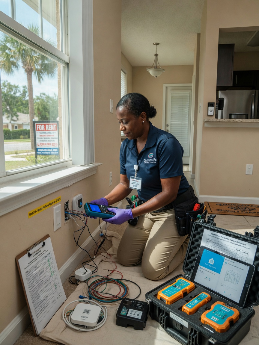 Maintenance technician repairing modern smart home features in Gainesville rental property, professional and trustworthy appearance