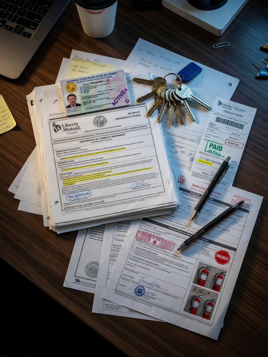 Realistic 8K image showing stack of compliance documents including DBPR license, insurance certificates, tax receipts, and safety inspection reports on a desk with house keys